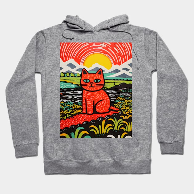 Riso-graphic Cat's Joyful Field Hoodie by AestheticsArt81